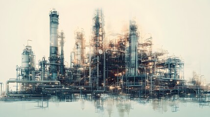 Obraz premium A blurry image of a large industrial plant with many pipes and tanks. The image has a sense of motion and chaos, as if it were captured in a time-lapse. Scene is one of industrial activity