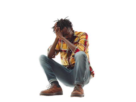 Man sitting on the floor, head in hands, showing stress or sadness, isolated on white background. PNG transparent.