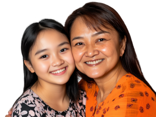 Older woman hugging a younger woman, both smiling, showing family bond, isolated on white background.  PNG transparent.
