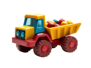 Colorful plastic toy dump truck with vibrant colors, isolated on white background.  PNG transparent.