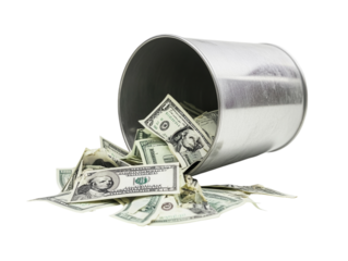 Crumpled dollar bills spilling out from a metal trash bin, isolated on white background.  PNG transparent.