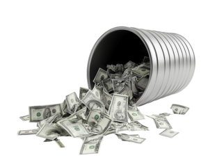 Crumpled dollar bills spilling out from a metal trash bin, isolated on white background.  PNG transparent.
