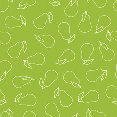 Seamless vector pattern white pear-shaped outline tossed on brat green background. Summer fruits