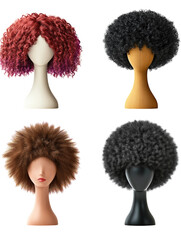 Four different hair wigs in various styles and colors, isolated on a white background. PNG transparent.