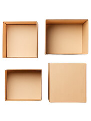 Three brown cardboard boxes, open and isolated on a white background. PNG transparent.