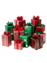Obraz premium Stack of Christmas presents wrapped with red and green ribbons, isolated on a white background. PNG transparent.