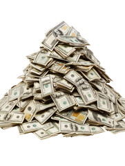 Large pile of U.S. dollar bills stacked in a heap, isolated on a white background. PNG transparent.
