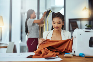 Woman, clothes and fashion designer with sewing machine for retail production or manufacturing...