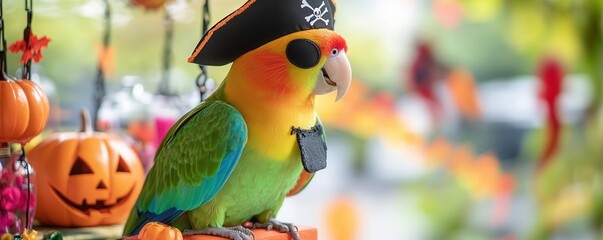 Naklejka premium Parrot wearing a pirate hat and eye patch on a Halloween-themed perch, pirate parrot, Halloween bird costume