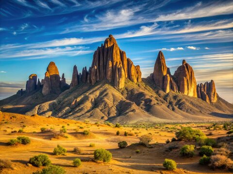 In the heart of the Sahara Desert, towering sandstone peaks of the Hoggar Mountains stand tall, their rugged grandeur dominating the arid landscape.