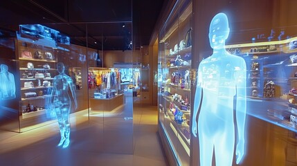 Futuristic interactive retail store with augmented reality displays.