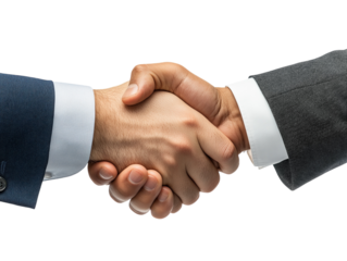 Close-up handshake between two people in business suits on white background. PNG transparent.