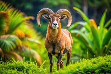 Obraz premium In this picturesque scene, a majestic Barbados ram stands regally amidst a lush meadow blanketed with vibrant greenery, its presence commanding attention.
