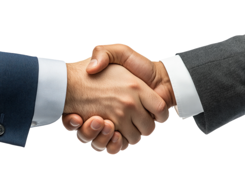 Close-up handshake between two people in business suits on white background. PNG transparent.