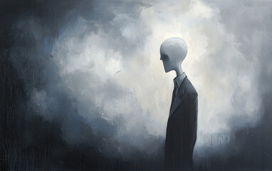Fototapeta premium Eerie surreal painting of a faceless figure in a suit standing in a misty, dark environment, evoking a sense of mystery and intrigue.