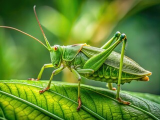 Fototapeta premium Intricate katydid perched, leaf's delicate hairs and veins visible beneath its emerald body, with intricate details on its wings and antennae amidst the forest's soft, diffused glow.