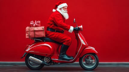 Santa Claus riding moped for delivering gifts