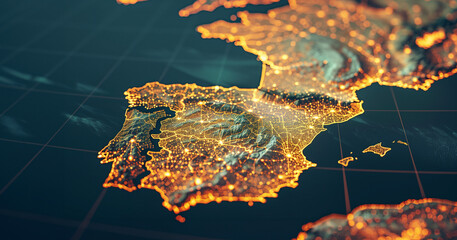 Illuminated map of Spain and surrounding countries. Network connections symbolizing digital infrastructure and geostrategy. Glowing points represent cities and data hubs. Geopolitical visualization 