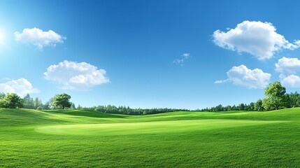 Summer background with a vibrant green golf course and a clear blue sky: Fresh and inviting, ideal for a summer golfing scene