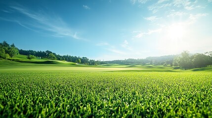Summer background with a vibrant green golf course and a clear blue sky: Fresh and inviting, ideal for a summer golfing scene 