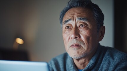 Fototapeta premium Elderly Man Deep in Thought While Working on Laptop at Home