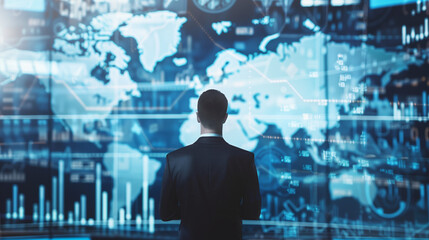 Businessman silhouette facing large world map with financial data overlay. Global economy and market analysis concept, with a dark leader with his back turned controlling geostrategy and geopolitics