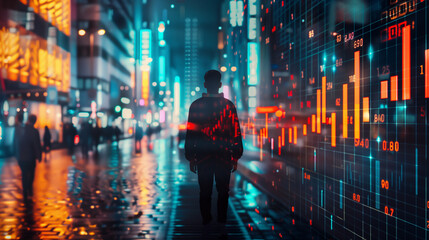 Person silhouette in neon-lit urban street with overlaid stock market data. Futuristic cityscape blending with financial information. Digital economy concept