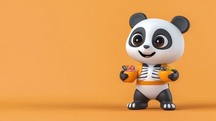 Cheerful Panda Cartoon Character Standing in Studio on Orange Background