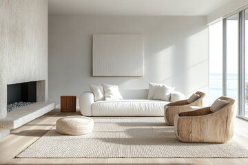 Modern minimalist living room featuring natural light, cozy furniture, and ocean view, designed for relaxation and comfort in a serene atmosphere