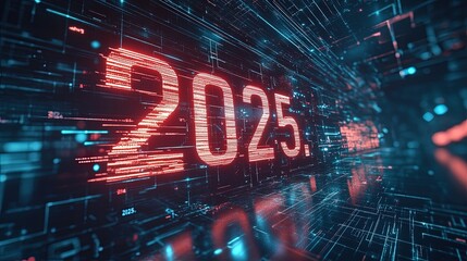 Futuristic digital interface with 2025 numeric display for technology innovation concepts. New Year 2025.