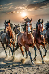 Fototapeta premium A dynamic scene of wild horses galloping across a wide, dusty desert landscape