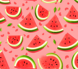 Seamless pattern with bright red watermelon print for collage, background, print and design.
