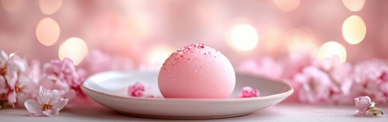 Soft pink mochi on pastel plate with warm bokeh lights in the background