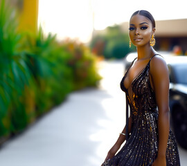 elegant woman in a party black  dress walking on the street