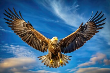 Obraz premium Majestic predator dominates the blue heavens, its wings spread wide as the wind rushes past, a symbol of power and freedom.