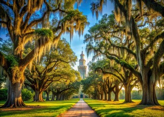 Obraz premium Majestic oaks, their gnarled branches draped with Spanish moss, stand sentinel over rolling hills and tranquil wetlands in southern Florida's timeless landscape.