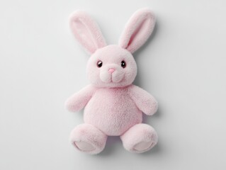Obraz premium A top view image of a plush pink bunny laying on a plain white surface, spotlighting its perfectly aligned design, fluffy texture, and inviting appearance.