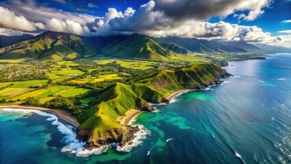 Maui's breathtaking landscape features a winding coastline, majestic mountain range, and emerald green valleys, showcasing the island's unique natural beauty.