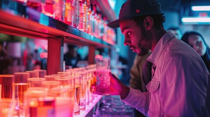 A bartender in a brightly lit bar, preparing drinks for customers. Neon lights cast a colorful glow on the bottles and glasses.
