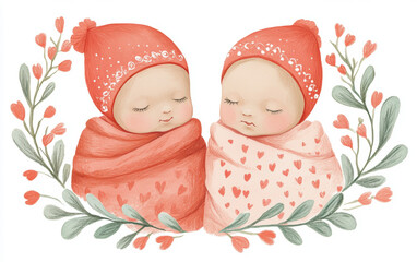Illustration of two sleeping babies in red and white swaddles with floral wreath and red hats. Sweet, peaceful and cozy art.