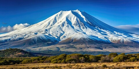 Fototapeta premium Mauna Kea's snow-capped peak stands tall against a brilliant blue winter sky, its snowy slopes glistening in the sunlight on a calm, clear day.