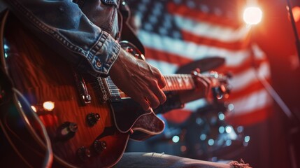 A guitarist performs passionately with an American flag in the background. Music brings people together under vibrant lights.
