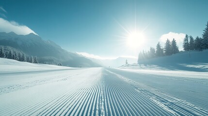 Skiing in beautiful sunny Austrian Alps on an empty ski slope on a sunny winter day 