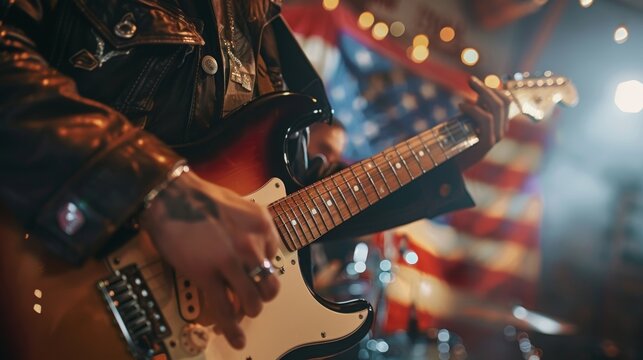 Rocking Guitarist Playing Under Lights with American Flag in Background