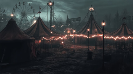 A dark carnival scene, with faded and tattered tents, broken rid