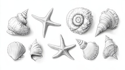 Elegant Monochrome Seashells and Starfish Illustration for Beach-themed Designs and Nature Decor with Copy Space