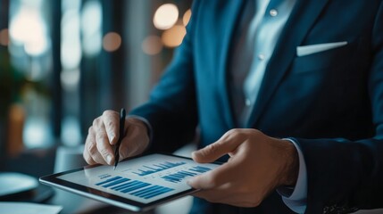 A business professional analyzes data on a tablet, surrounded by a modern office ambiance, highlighting the significance of technology in decision-making.