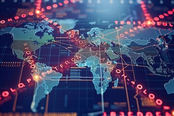 Obraz premium Crossed out trade route signs on a digital world map Trade Restrictions blocked opportunities for global shipping and commerce