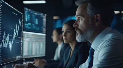 Professionals analyzing data on screens in a dimly lit office, focusing on financial charts and graphs.
