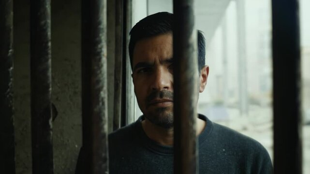  A man standing behind prison bars, looking serious and contemplative, with a blurred urban background.